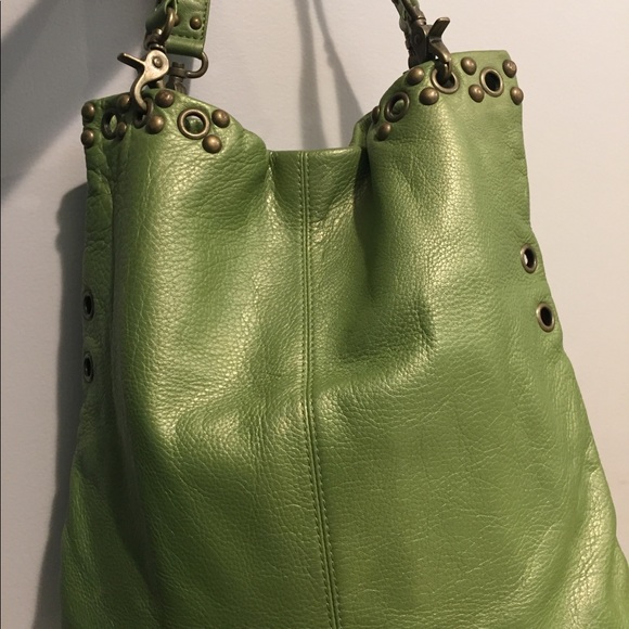 Hobo leather bag, green, tote, brass accents - Picture 2 of 8